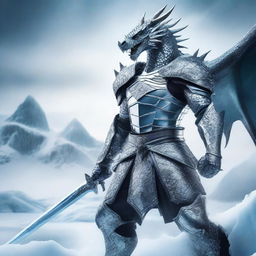 A powerful dragon man knight wielding two ice swords, standing in a heroic pose