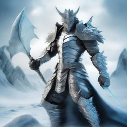 A powerful dragon man knight wielding two ice swords, standing in a heroic pose