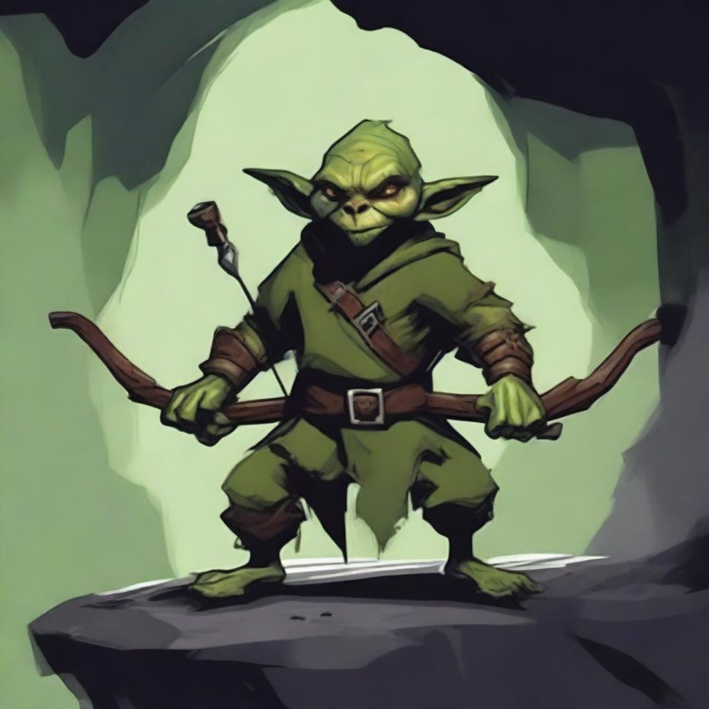 A single goblin archer in a dark, damp cave, aiming a crossbow