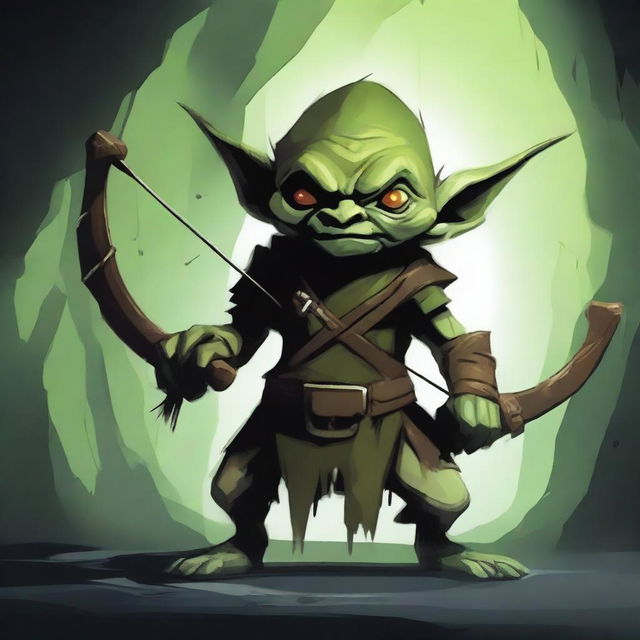 A single goblin archer in a dark, damp cave, aiming a crossbow