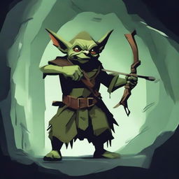 A single goblin archer in a dark, damp cave, aiming a crossbow