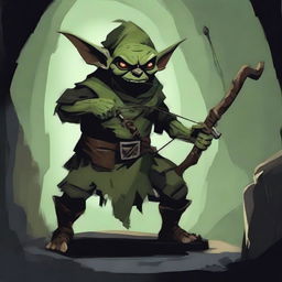 A single goblin archer in a dark, damp cave, aiming a crossbow