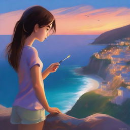 Mia, with her back to the viewer, stands on the edge of a cliff overlooking the sparkling blue ocean and breathtaking sunset