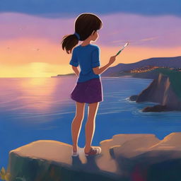 Mia, with her back to the viewer, stands on the edge of a cliff overlooking the sparkling blue ocean and breathtaking sunset