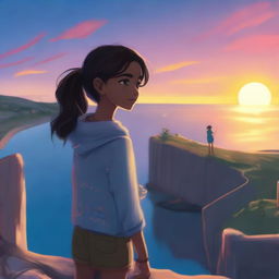 Mia, with her back to the viewer, stands on the edge of a cliff overlooking the sparkling blue ocean and breathtaking sunset