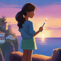 Mia, with her back to the viewer, stands on the edge of a cliff overlooking the sparkling blue ocean and breathtaking sunset