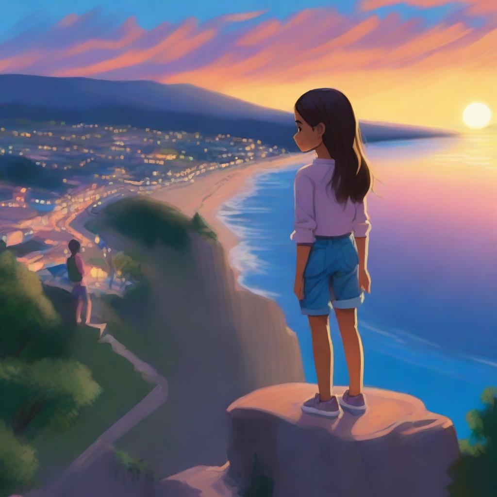 Mia, with her back to the viewer, stands on the edge of a cliff overlooking the sparkling blue ocean and breathtaking sunset