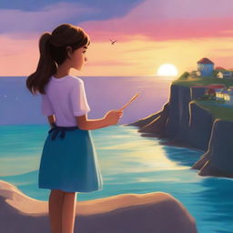 Mia, with her back to the viewer, stands on the edge of a cliff overlooking the sparkling blue ocean and breathtaking sunset