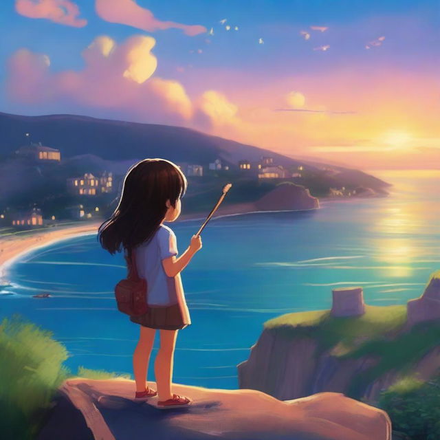 Mia, with her back to the viewer, stands on the edge of a cliff overlooking the sparkling blue ocean and breathtaking sunset