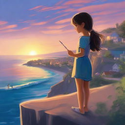 Mia, with her back to the viewer, stands on the edge of a cliff overlooking the sparkling blue ocean and breathtaking sunset