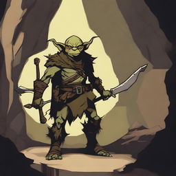 A single goblin crossbowman standing in a dimly lit cave