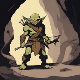 A single goblin crossbowman standing in a dimly lit cave