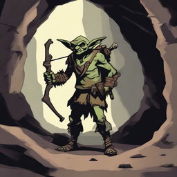 A single goblin crossbowman standing in a dimly lit cave