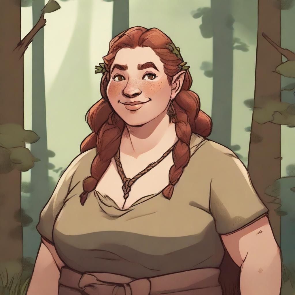 A detailed illustration of a firbolg woman who is overweight