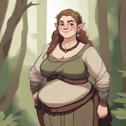 A detailed illustration of a firbolg woman who is overweight