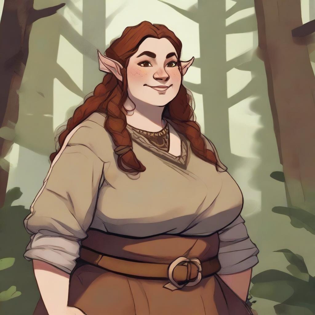 A detailed illustration of a firbolg woman who is overweight