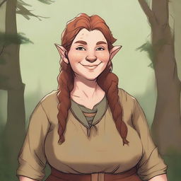 A detailed illustration of a firbolg woman who is overweight