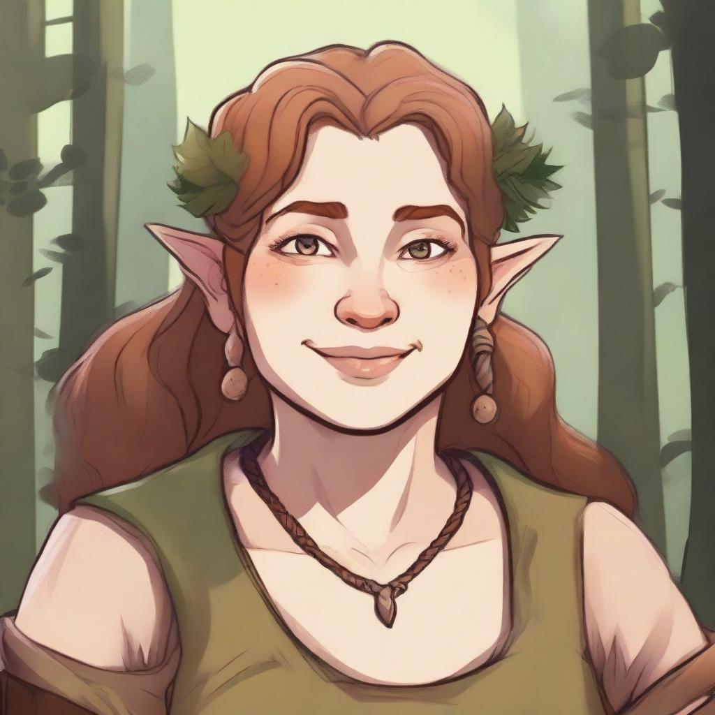 A detailed illustration of a pretty firbolg woman who is overweight