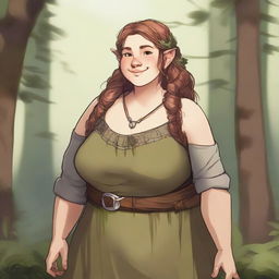 A detailed illustration of a pretty firbolg woman who is overweight