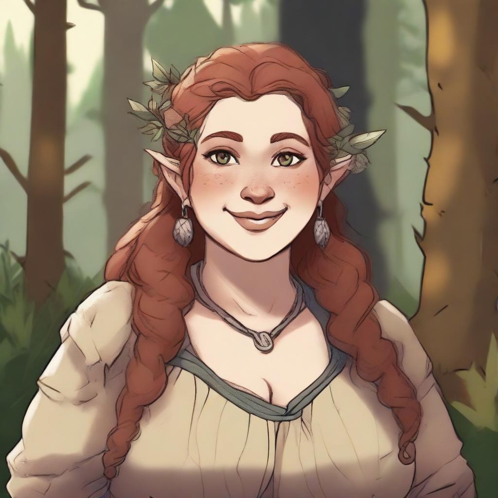 A detailed illustration of a pretty firbolg woman who is overweight