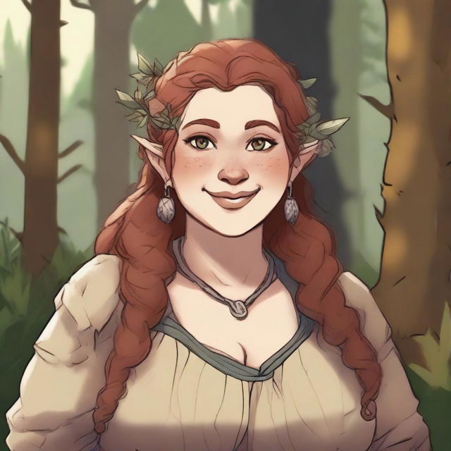 A detailed illustration of a pretty firbolg woman who is overweight