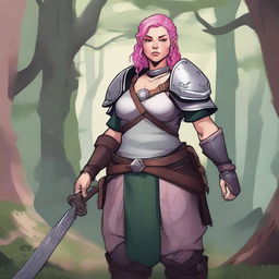 A detailed illustration of a pretty firbolg woman who is overweight with pink hair