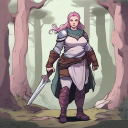 A detailed illustration of a pretty firbolg woman who is overweight with pink hair