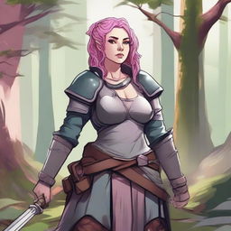 A detailed illustration of a pretty firbolg woman who is overweight with pink hair