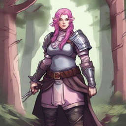 A detailed illustration of a pretty firbolg woman who is overweight with pink hair