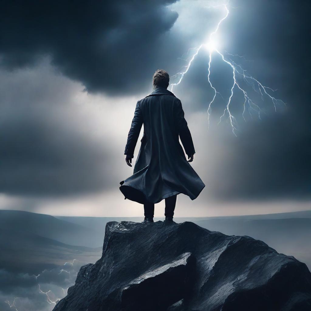 Create an epic music cover featuring a dramatic scene with a powerful figure standing on a cliff