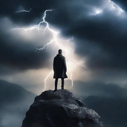 Create an epic music cover featuring a dramatic scene with a powerful figure standing on a cliff