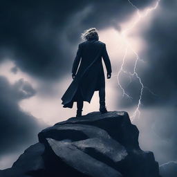 Create an epic music cover featuring a dramatic scene with a powerful figure standing on a cliff