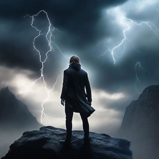 Create an epic music cover featuring a dramatic scene with a powerful figure standing on a cliff