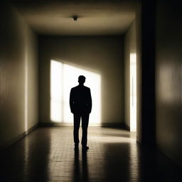 A single man standing alone in a dark, shadowy environment