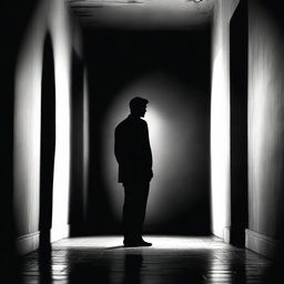 A single man standing alone in a dark, shadowy environment