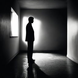 A single man standing alone in a dark, shadowy environment