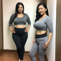 An Asian middle-aged woman with big hips and a prominent butt, wearing tight black leggings and a crop top