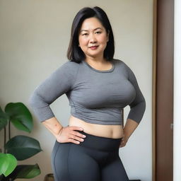 An Asian middle-aged woman with big hips and a prominent butt, wearing tight black leggings and a crop top