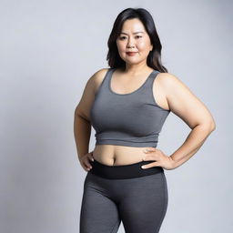 An Asian middle-aged woman with big hips and a prominent butt, wearing tight black leggings and a crop top