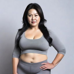 An Asian middle-aged woman with big hips and a prominent butt, wearing tight black leggings and a crop top