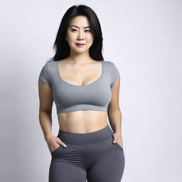 An Asian middle-aged woman with big hips and a prominent butt, wearing tight black leggings and a crop top