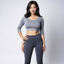 An Asian middle-aged woman with big hips and a prominent butt, wearing tight black leggings and a crop top