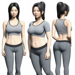 An Asian middle-aged woman with big hips and a prominent butt, wearing tight black leggings and a crop top