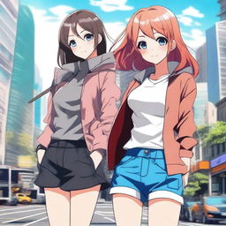 Create an image of attractive anime girls with stylish outfits and dynamic poses