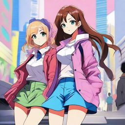 Create an image of attractive anime girls with stylish outfits and dynamic poses