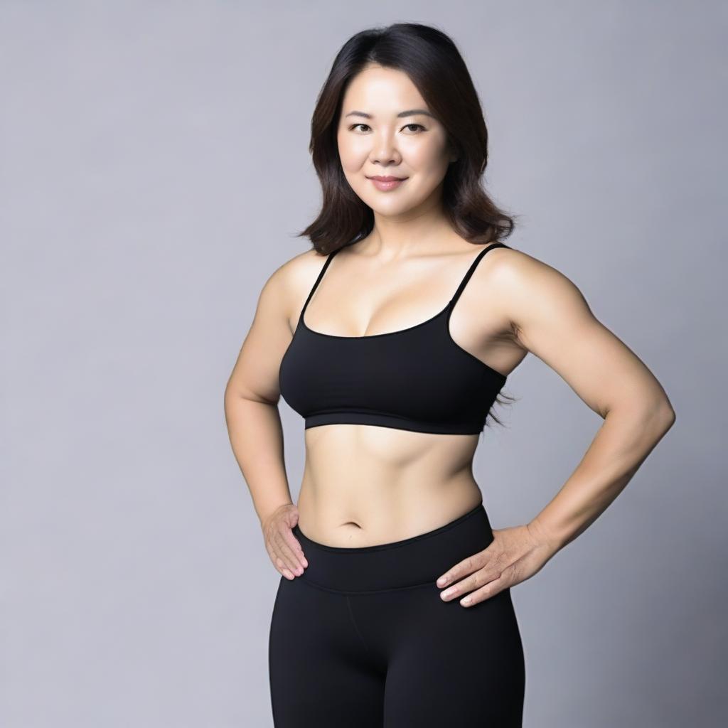 An Asian middle-aged woman with big hips and a prominent butt, wearing tight black leggings and a crop top