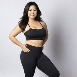 An Asian middle-aged woman with big hips and a prominent butt, wearing tight black leggings and a crop top