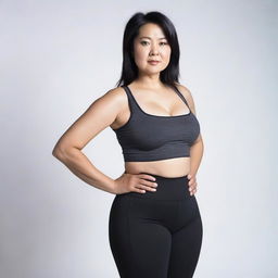 An Asian middle-aged woman with big hips and a prominent butt, wearing tight black leggings and a crop top