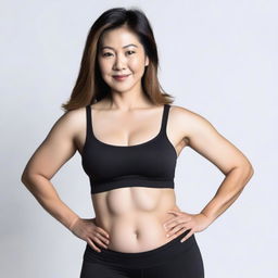 An Asian middle-aged woman with big hips and a prominent butt, wearing tight black leggings and a crop top