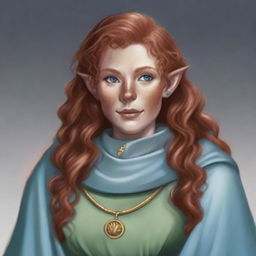 A detailed illustration of a 26-year-old female half-orc with long, curly, strawberry blonde hair, gray-blue eyes, and freckles